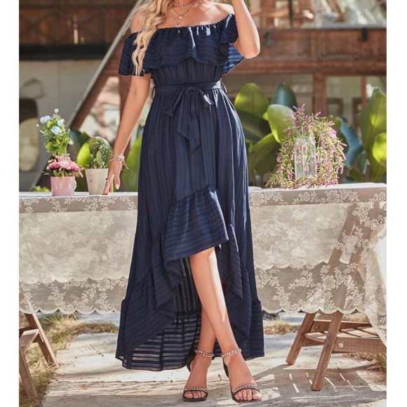 Dresses & Skirts - CLEARANCE Navy High Low Off The Shoulder Ruffled Belted Striped Maxi Dress